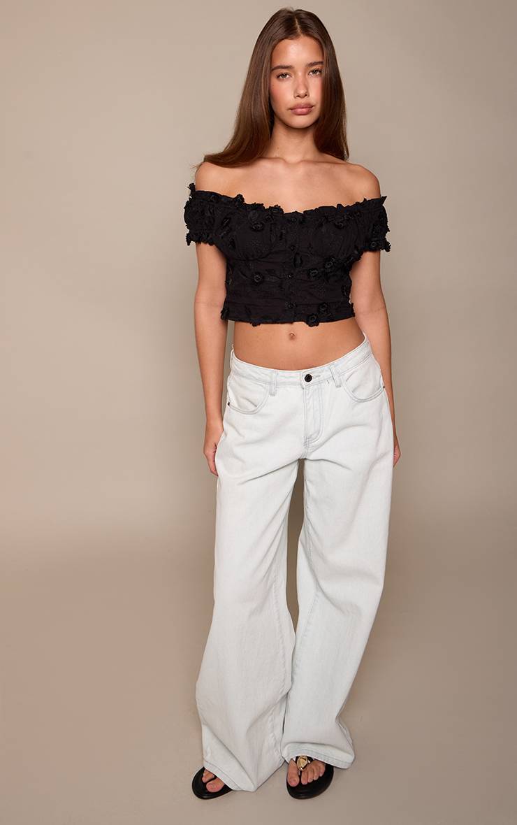 Noir Haut Bardot En Coton Brodé