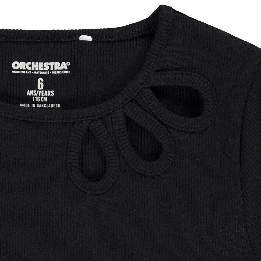 T-shirt manches courtes côtelé et ajouré pour fille - Noir