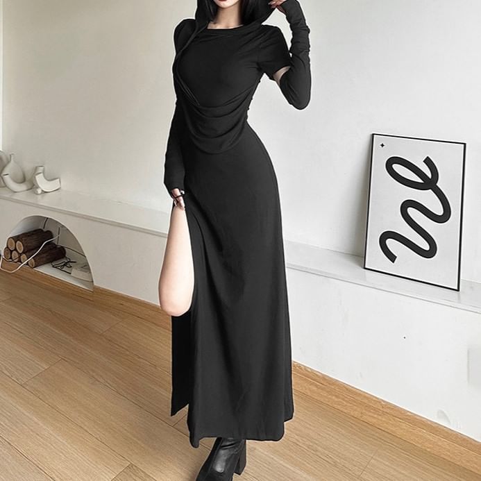 HERMITAKH - Set: Lange mouwen, capuchon, effen asymmetrische maxi-jurk met split + mouw