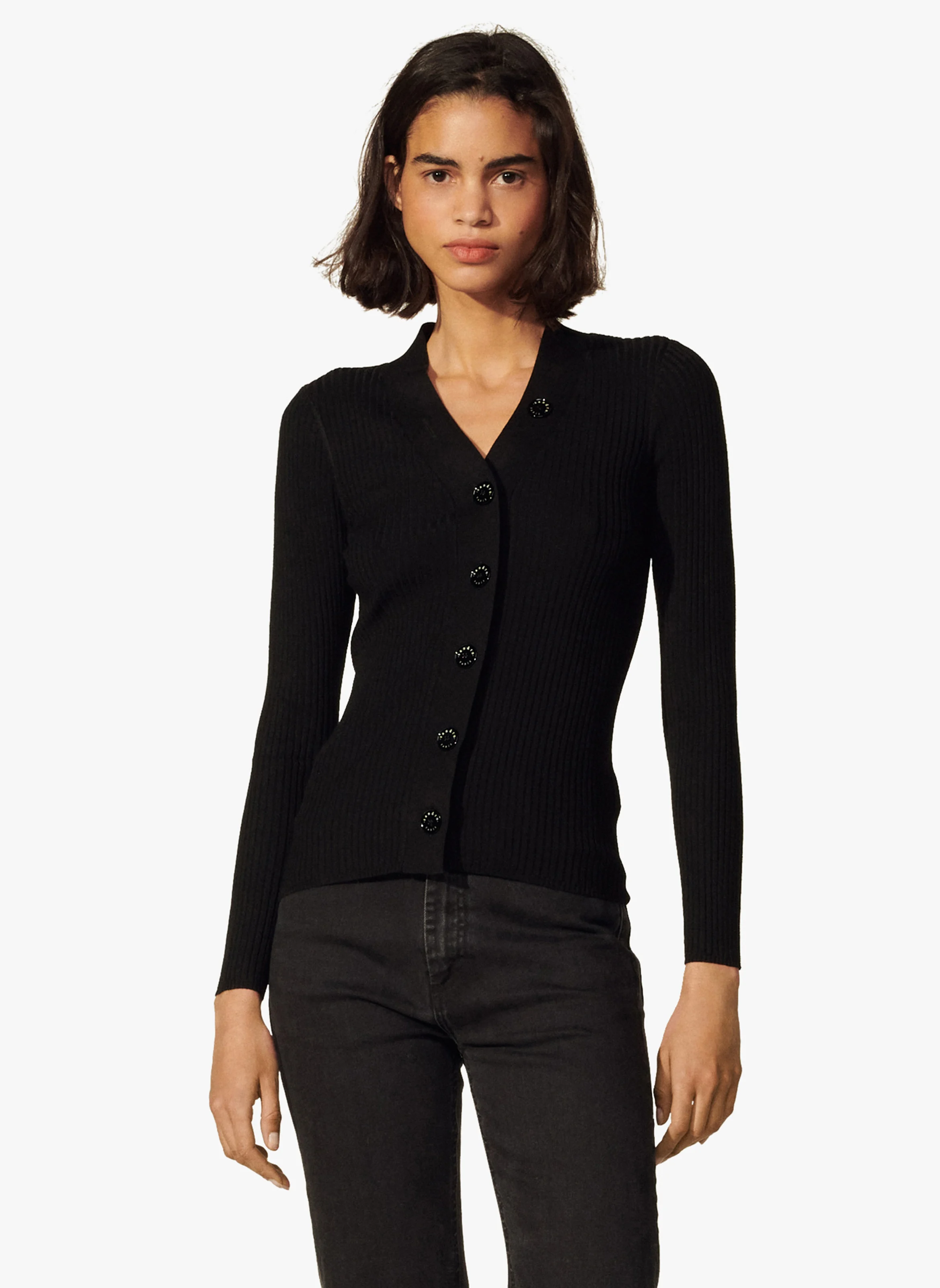 Gilet col V boutonné en maille côtelée | Noir