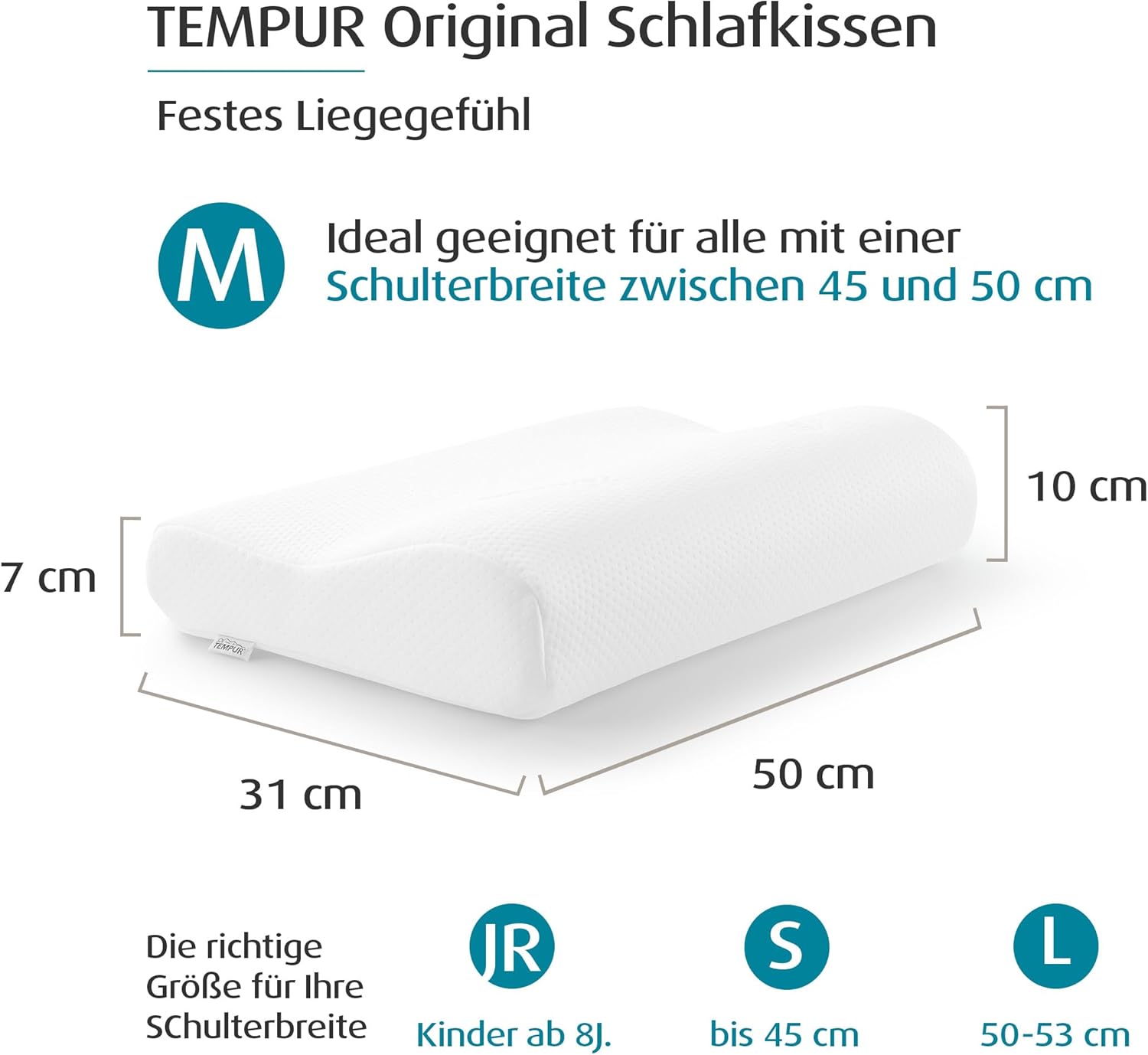 TEMPUR Original Schlafkissen Memory Foam, ergonomisches Nackenstützkissen für Seiten- und Rückenschläfer, Liegefühl fest, M (50 x 31 x 10/7 cm), Weiß