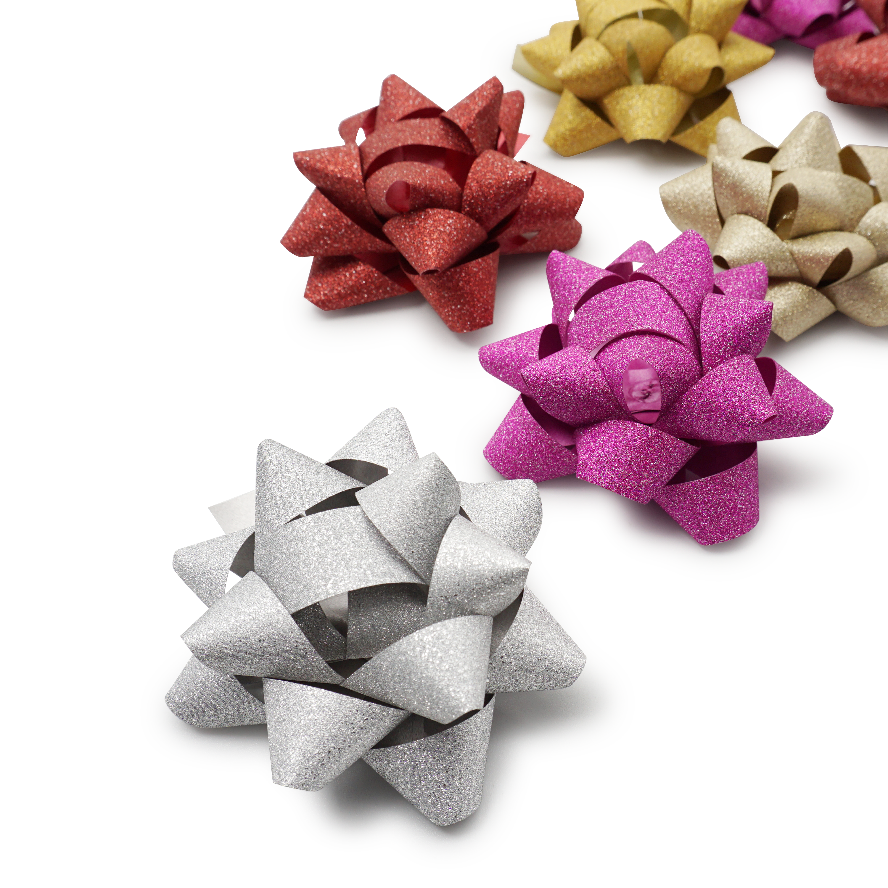 (10er Set) Ø75mm Selbstklebende Geschenk Maschen Glitzer Schleifen - Assortiert