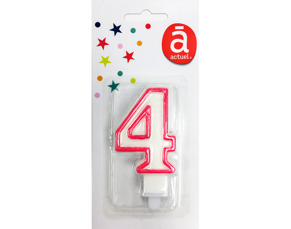 VELA DE ANIVERSÁRIO NÚMERO 4 ACTUEL BRANCO COM REBORDO COLORIDO