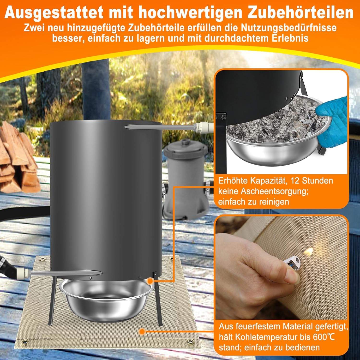 Poolheizungen mit Feuer und Heizspirale,Outdoor Poolofen, Edelstahl Schwimmbadheizung mit Ø32/38mm Anschlüsse Brennholz Pool Heizung 28L Feuertonne Holz, Schwarz, 1 Stück
