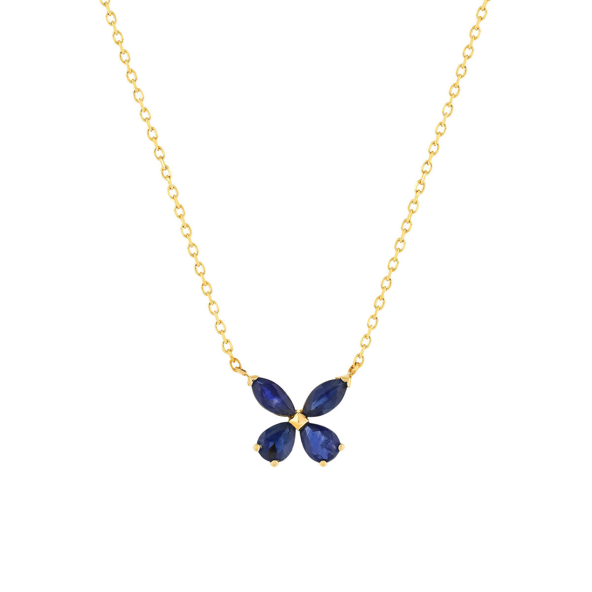 Collier or jaune 375, saphirs, motif papillon. Longueur 42 cm.