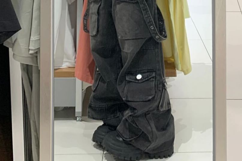 Kenning - Mid Rise Washed Wide Leg Cargo Jeans