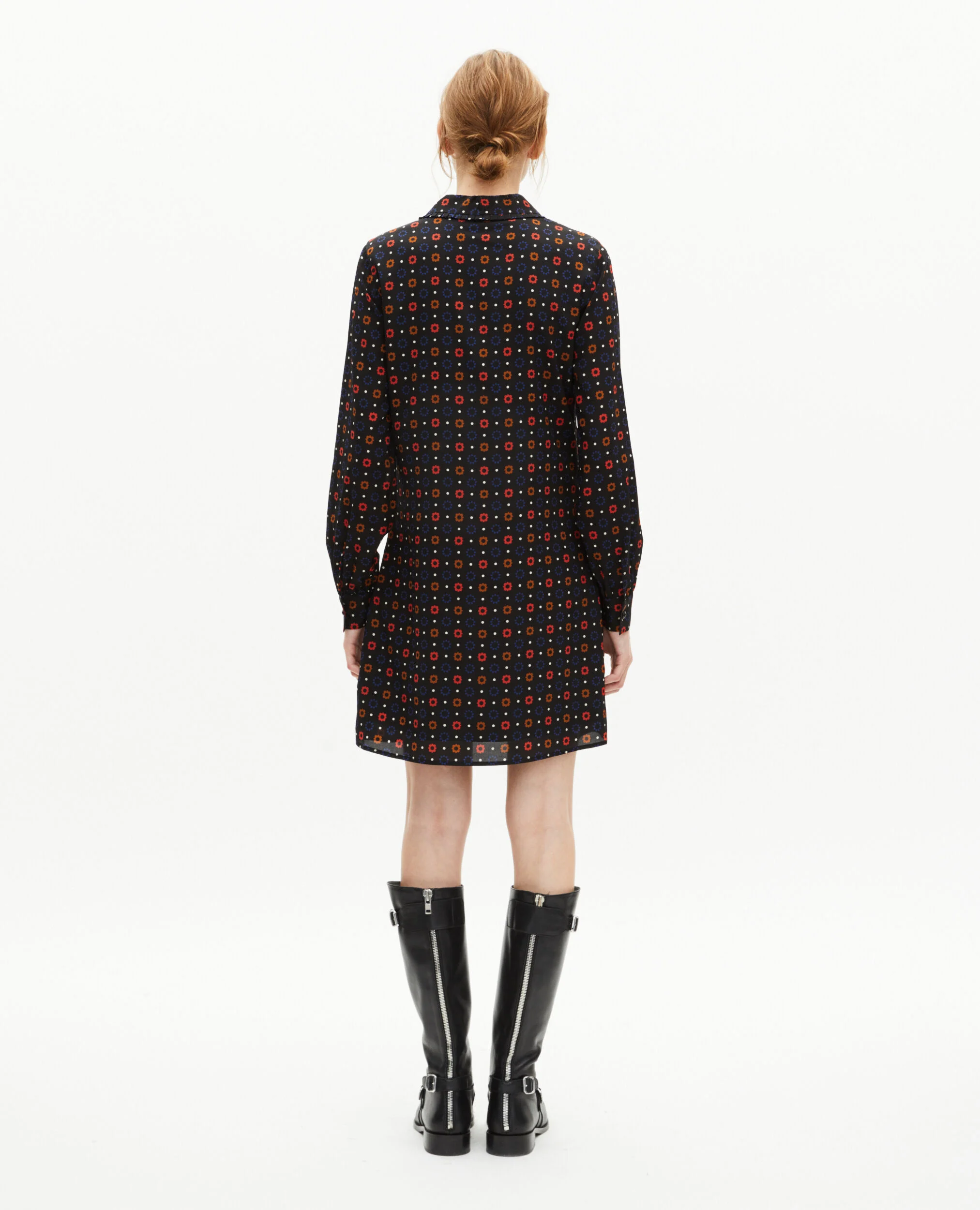 Robe courte imprimée pois et fleurs en soie mélangée noire