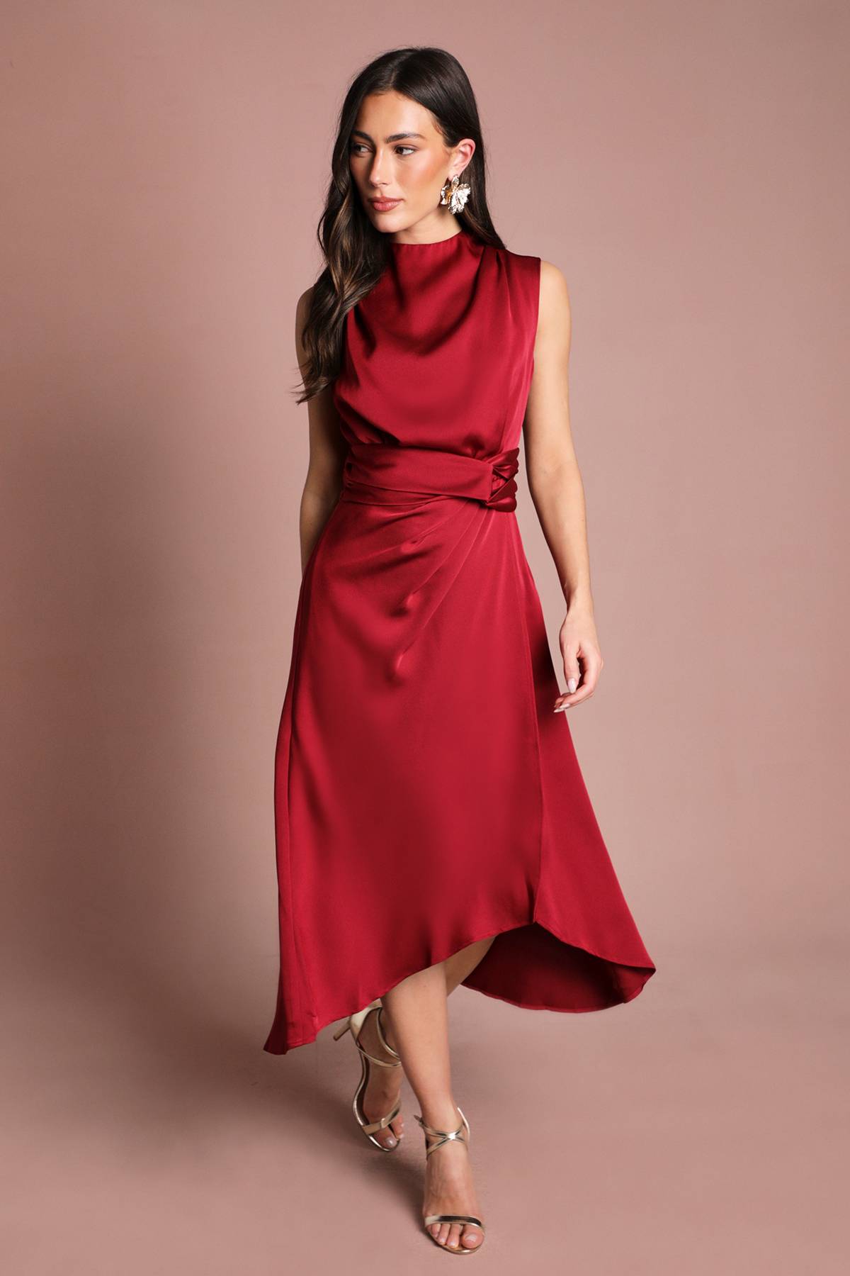 Coast Robe Mi-Longue en Satin avec Taille Torsadée