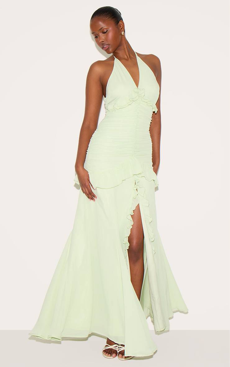 Vert Sauge Robe Longue Froncée À Volants Et Col Licou