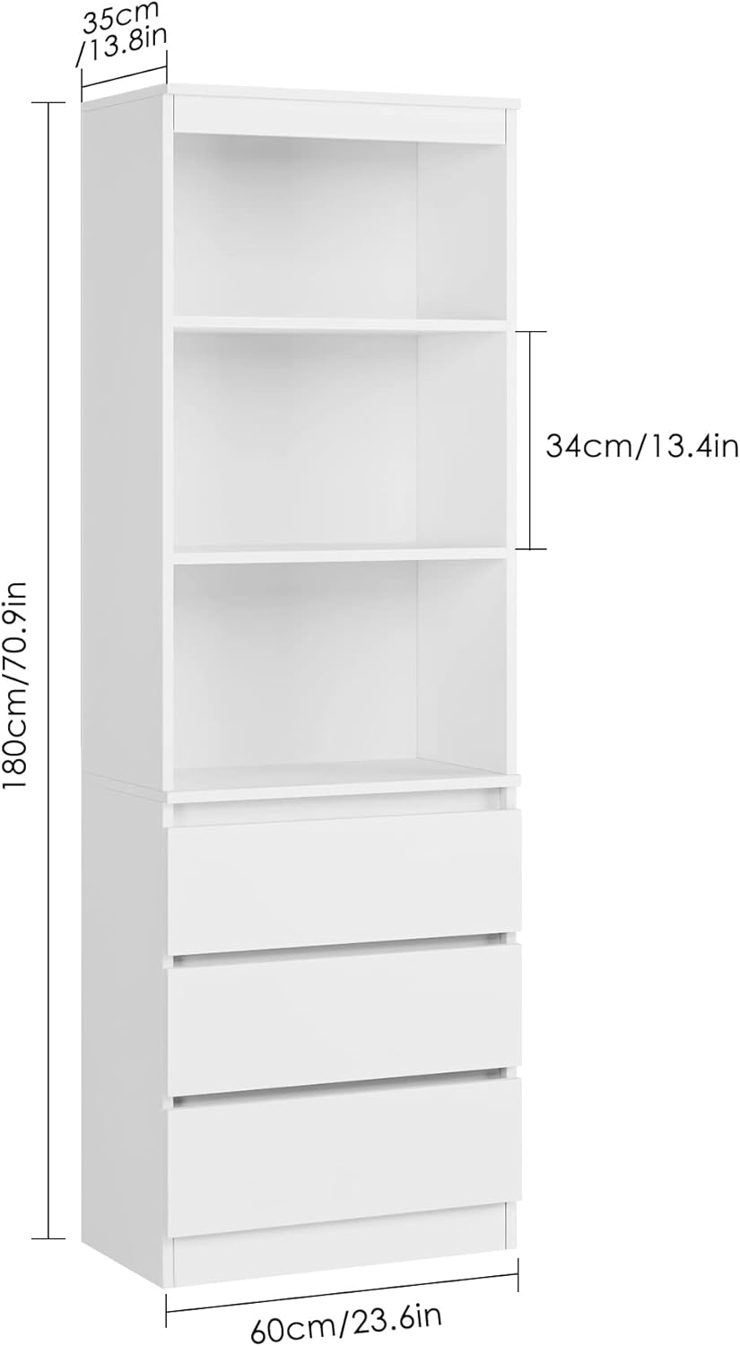 FirFurd Bücherregal mit 3 Schubladen 3 Fächern 180 cm Hochschrank Bücherschrank Vitrinenschrank Mehrzweckschrank für Wohnzimmer Büro Küche 60 x 35 x 180 cm Weiß