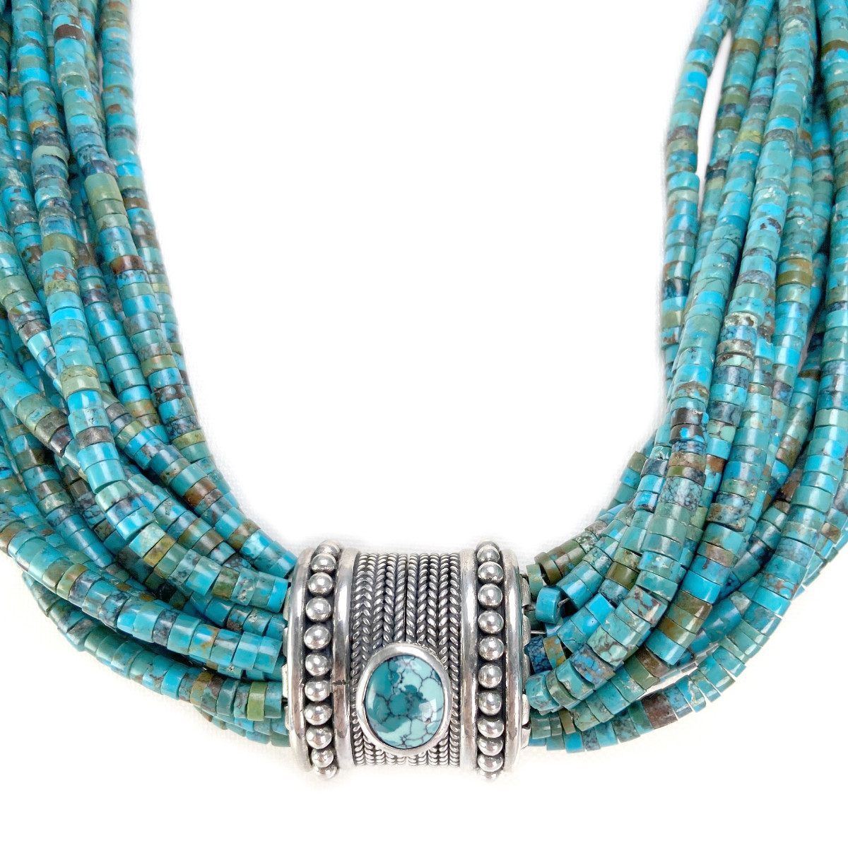 Collier d'occasion multirangs argent 925 pierres imitation turquoises 50 cm