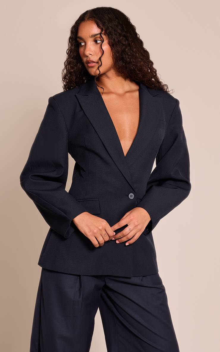 Bleu Marine Blazer À Manches Cocon Et Détail Asymétrique