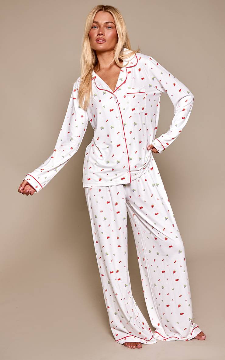Fruit Print Ensemble Pyjama Haut Manches Longues Et Pantalon En Jersey Doux Avec Passepoil