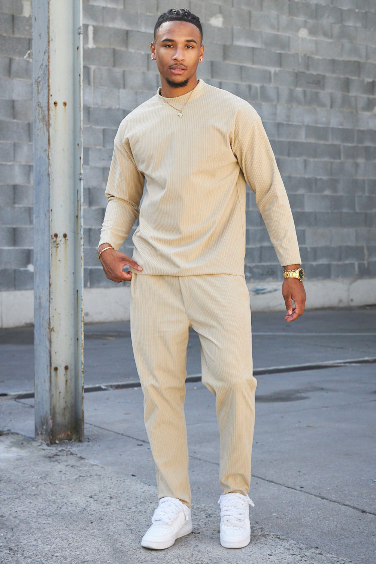 Ensemble 2 pièces pull + pantalon en velours côtelé beige