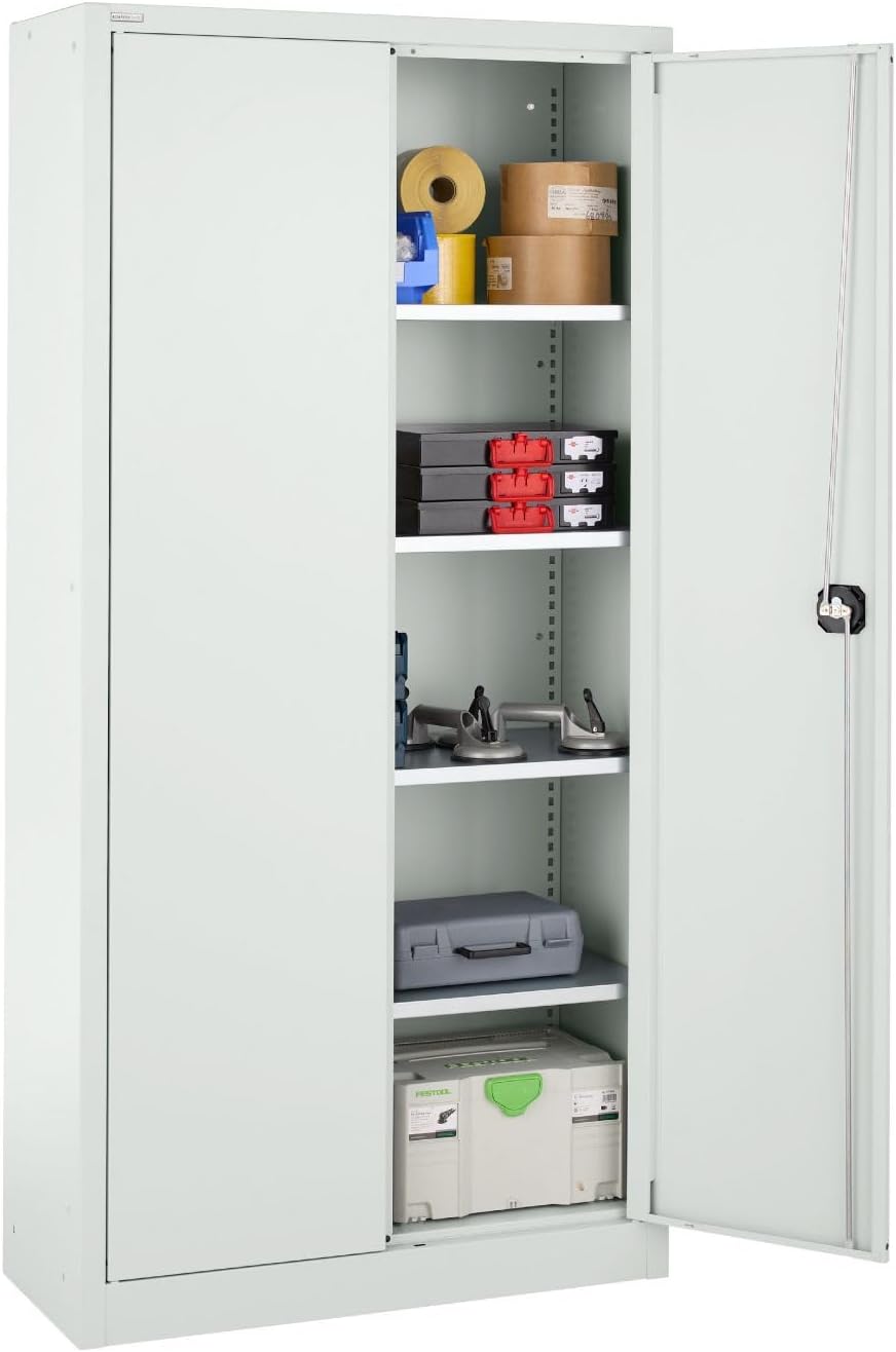 Werkzeugschrank abschließbar, Aktenschrank aus Stahl, Schrank mit Schloss, Werkstatt Schrank, Stahlschrank mit Türen, 95 x 40 x 193,5 cm, Büroschrank lichtgrau
