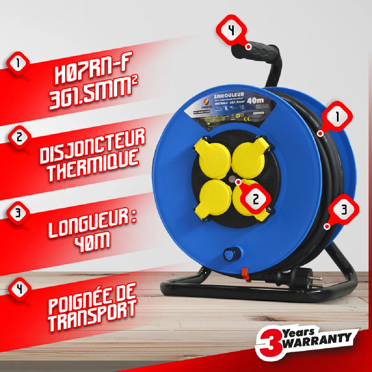 I-WATTS PRO Enrouleur 40m 4 Prises