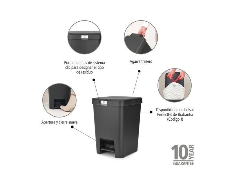 Brabantia Recyclingbehälter StepUp 25 l, Dunkelgrau Treteimer für Recycling Materialien