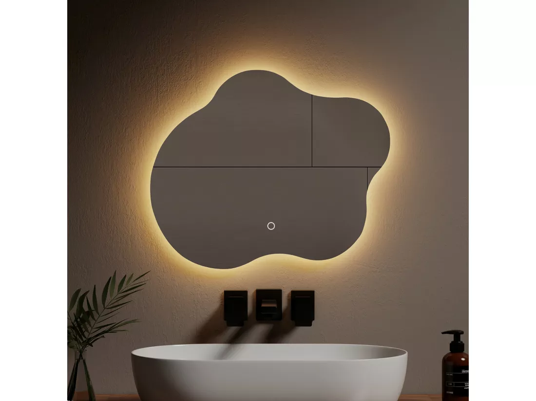EMKE Miroir lumineux salle de bain sans cadre 60x50cm , Miroir LED avec Interrupteur Tactile, Anti-buée, Miroir avec 3 couleurs de Lumières