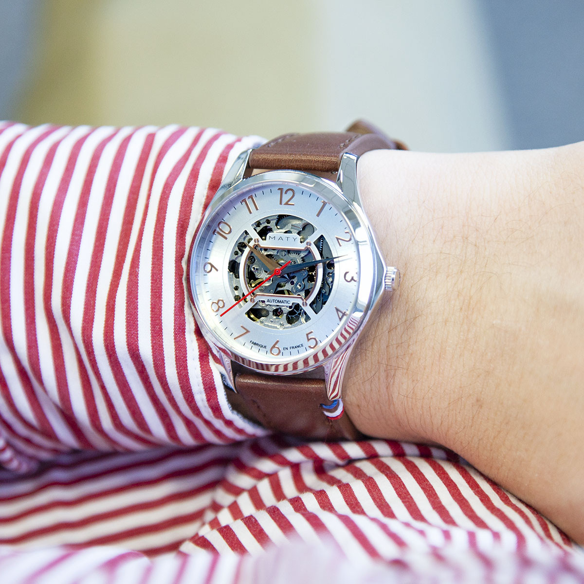 Montre homme squelette automatique acier bracelet cuir marron