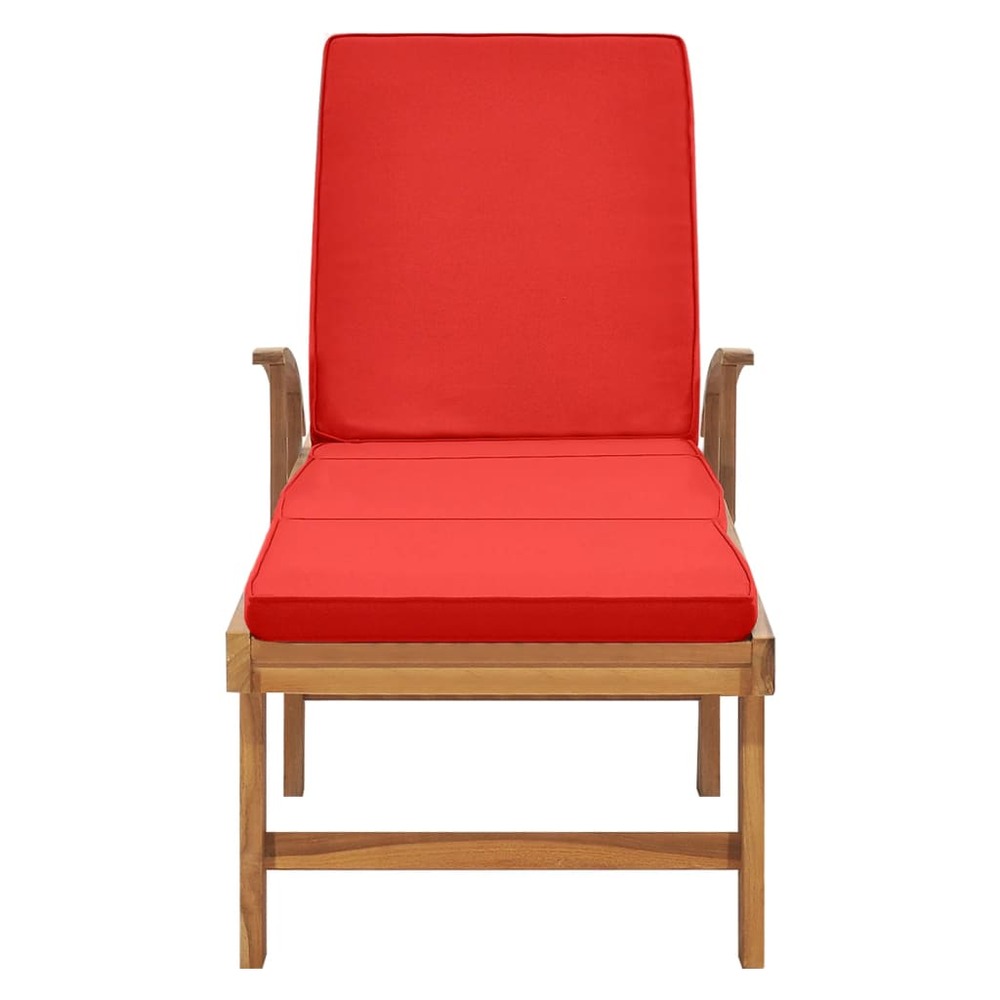 Transat chaise longue bain de soleil lit de jardin terrasse meuble d'extérieur avec coussin bois de teck solide rouge 02_0012