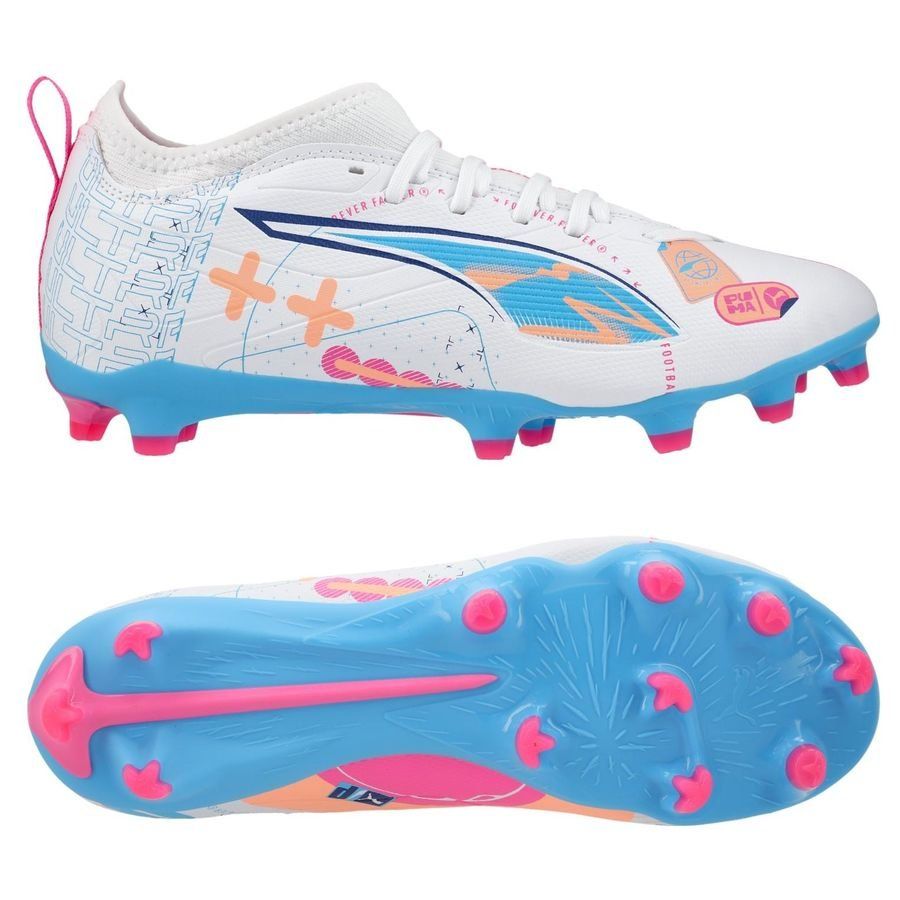 PUMA Ultra 5 Match FG/AG Volume Up - Blanc/Bleu/Poison Pink/Fizzy Melon Enfant