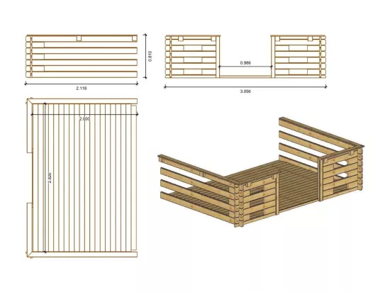 Abri de jardin en bois - 3x3 m + terrasse avec balustrade et avant-toit en bois - 15 m2 - Traité - DOM427+DOM146+DOM147+POD05 - ALTANKA
