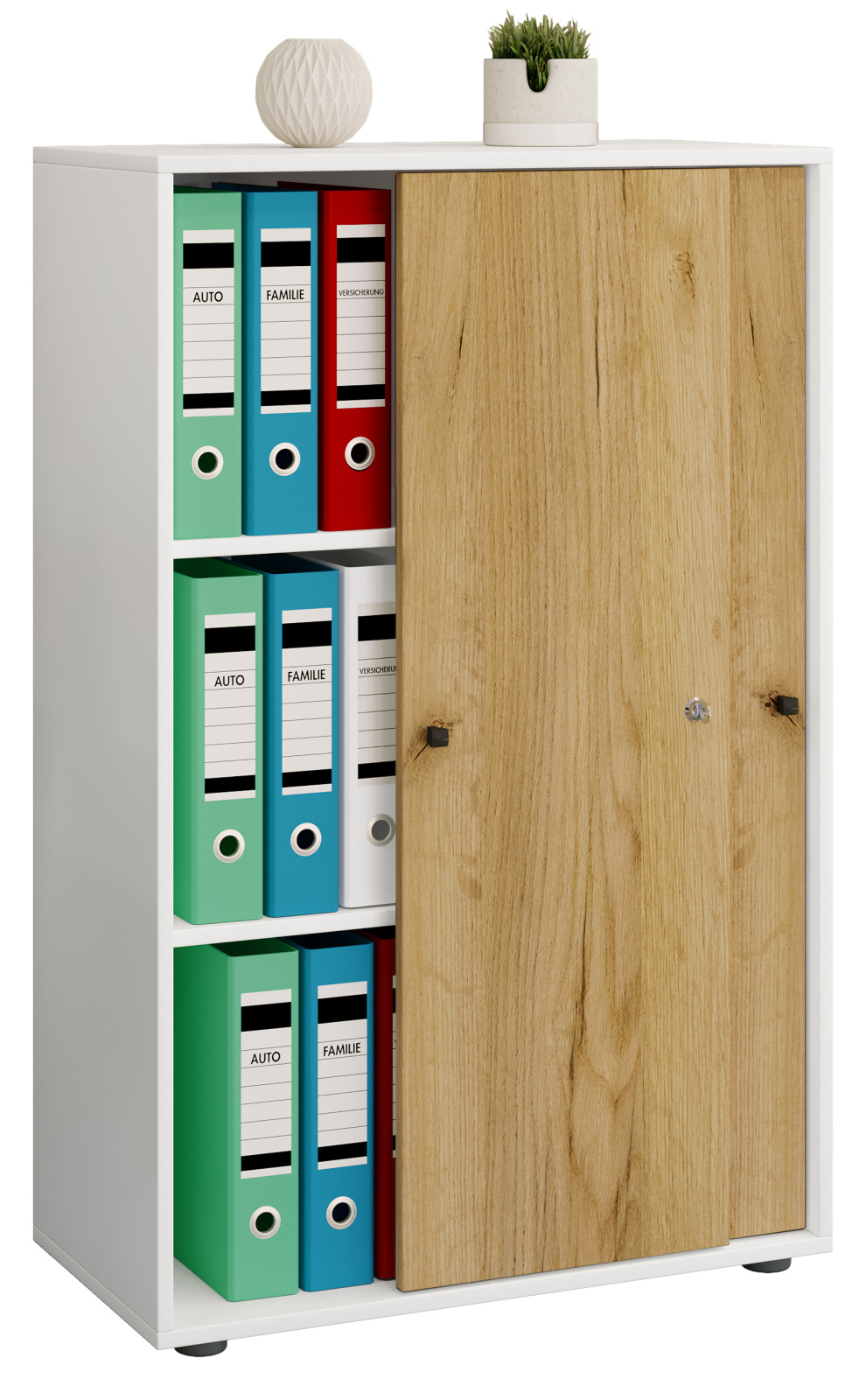 Büroschrank LONA XL - Honig Eiche - weiß - mit Schiebetüren - 110 cm hoch