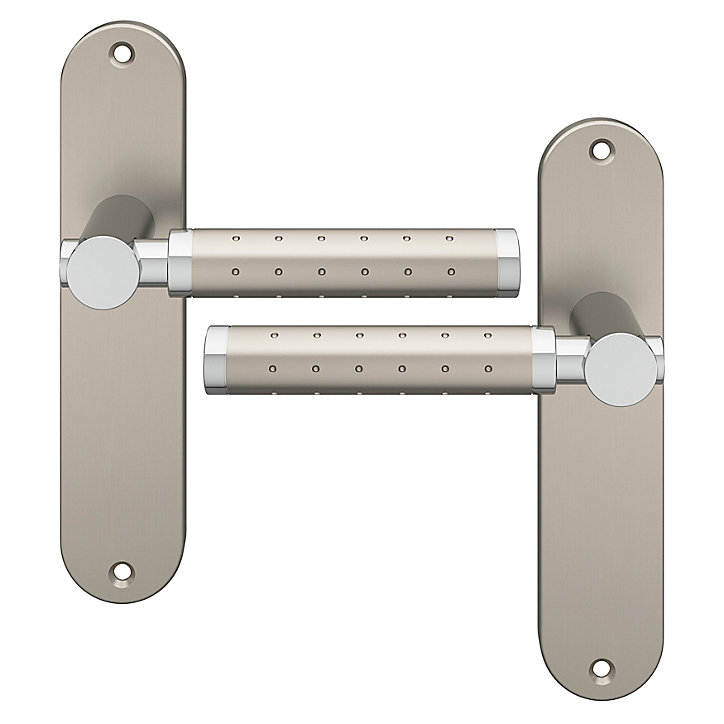 Ensemble poignée sur plaque rond GoodHome Brigg effet chrome et nickel satin gris L.132mm x l.40mm entraxe 165mm
