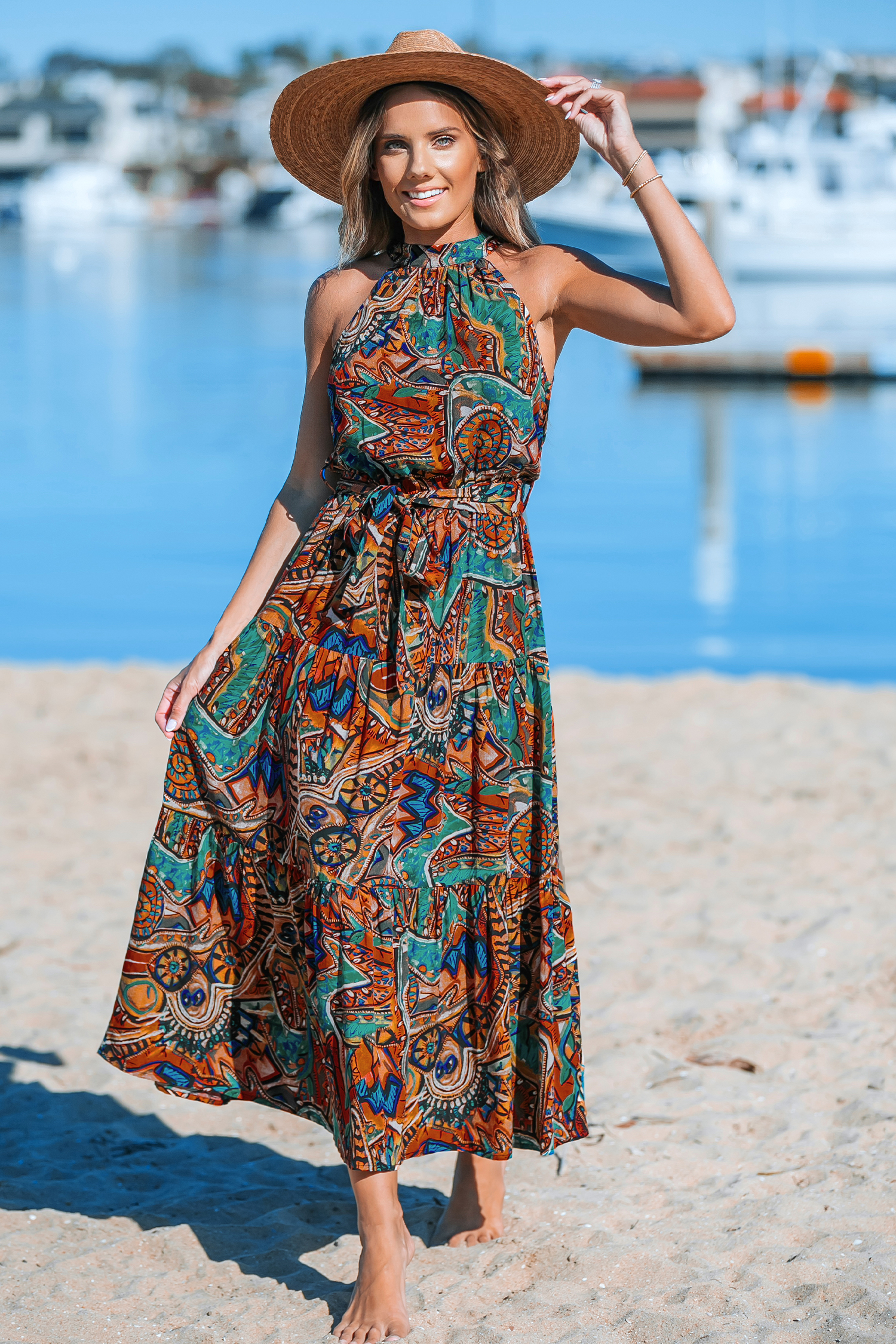 Robe maxi à col licou boho abstraite