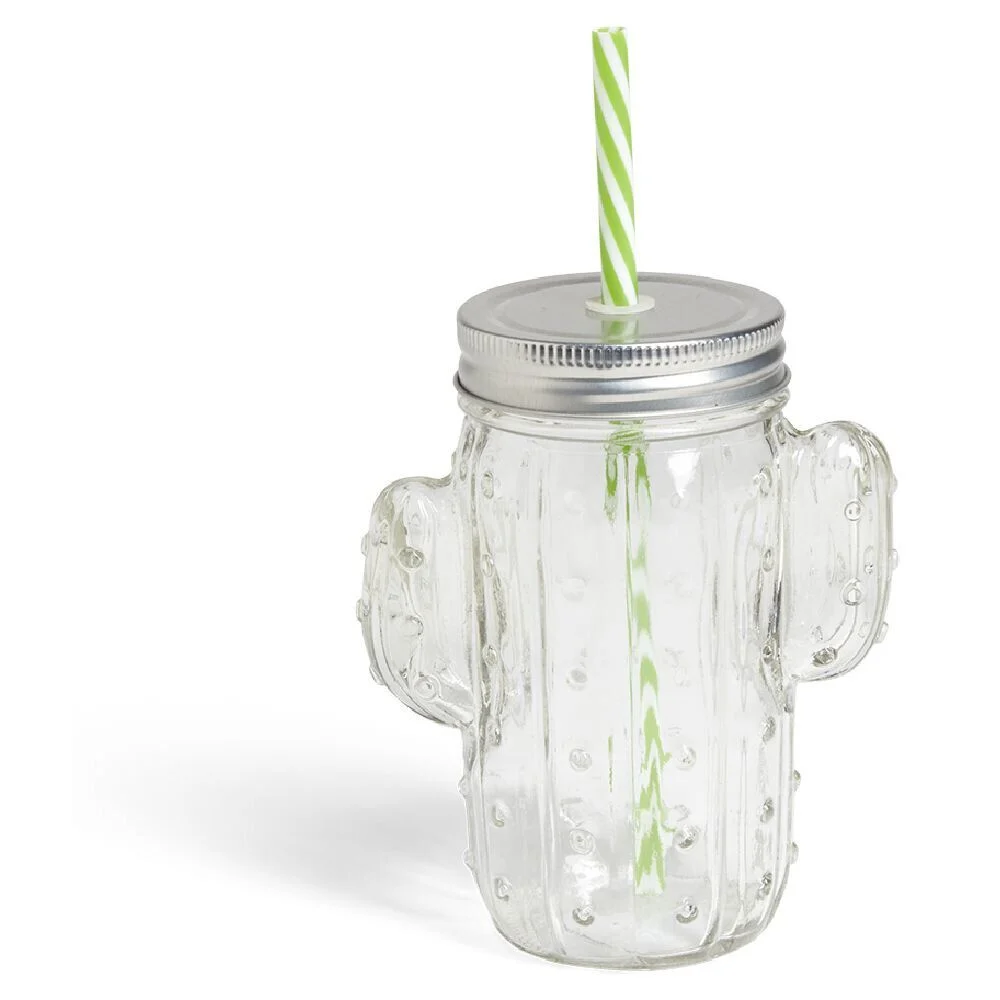 Gobelet 460ml forme cactus avec paille verre transparent