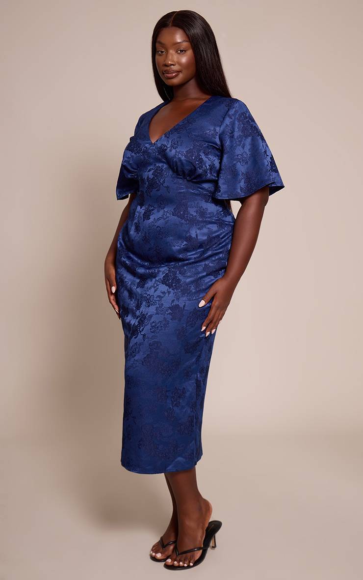 Bleu Marine Robe Midi Grande Taille À Décolleté Plongeant, Manches Bouffantes Et Jacquard Fleuri