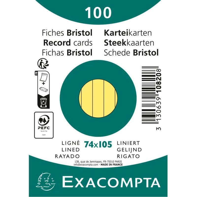 Paquet 100 fiches sous film - bristol ligné non perforé 74x105mm - Jaune