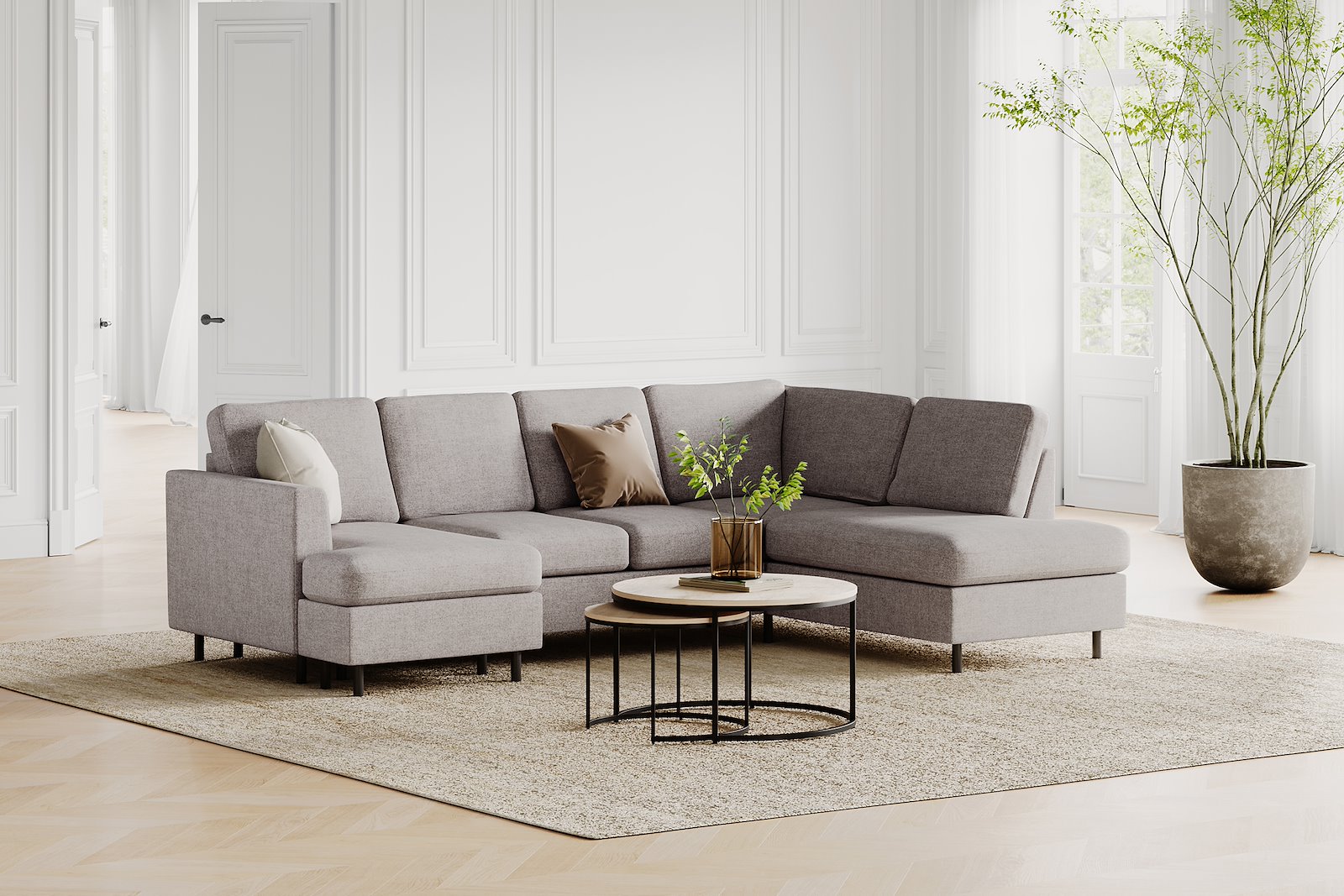 Oslo U-sofa Sjeseong venstre og åpen ende høyre. Tekstil Neve 85 Steel Grey med sorte ben