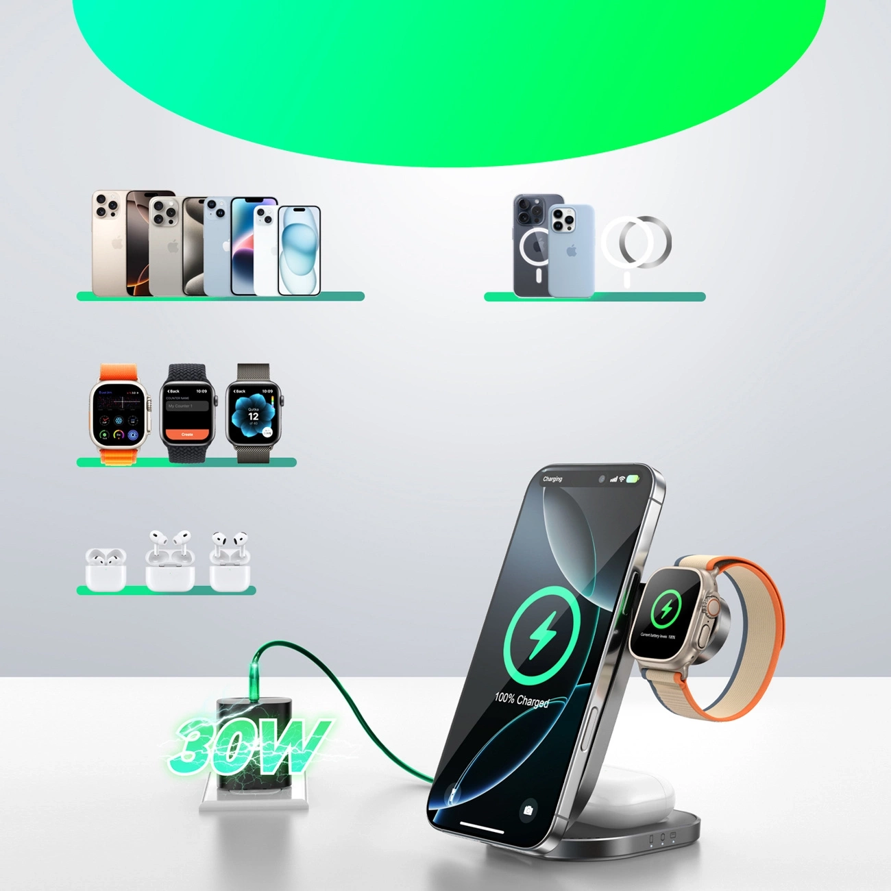 (15W) 3in1 MagSafe Ladegerät Qi2 Wireless Charger Ladeständer für Apple Watch / Smartphone / AirPods (JR-W17) - Schwarz