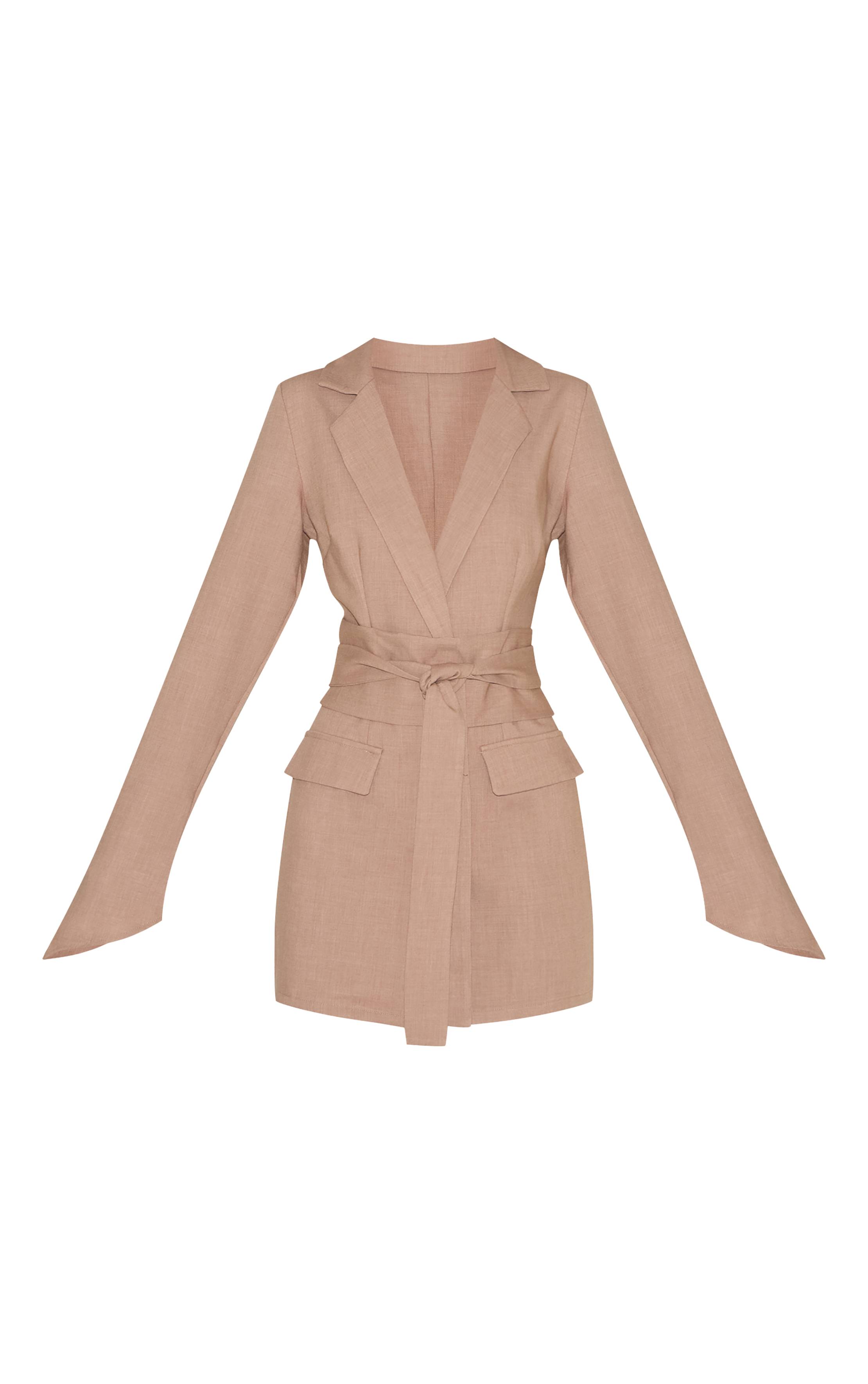 Gris Argile Robe Blazer Ceinturée En Tissu Tissé