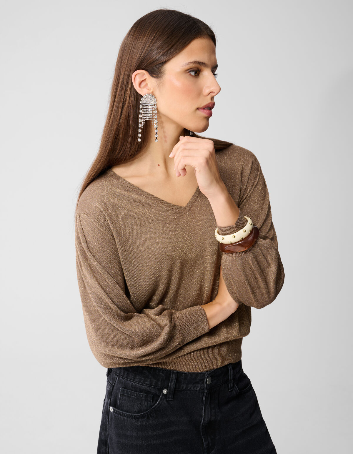 Glitter V-hals Trui Bruin