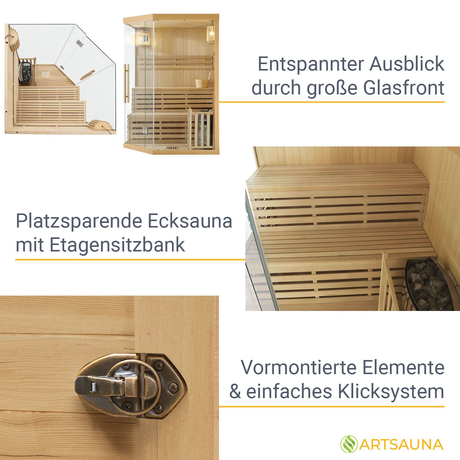 Artsauna Saunakabine Espoo150 Premium mit Harvia Ofen – 3 Personen – Hemlock Holz & Glasfront