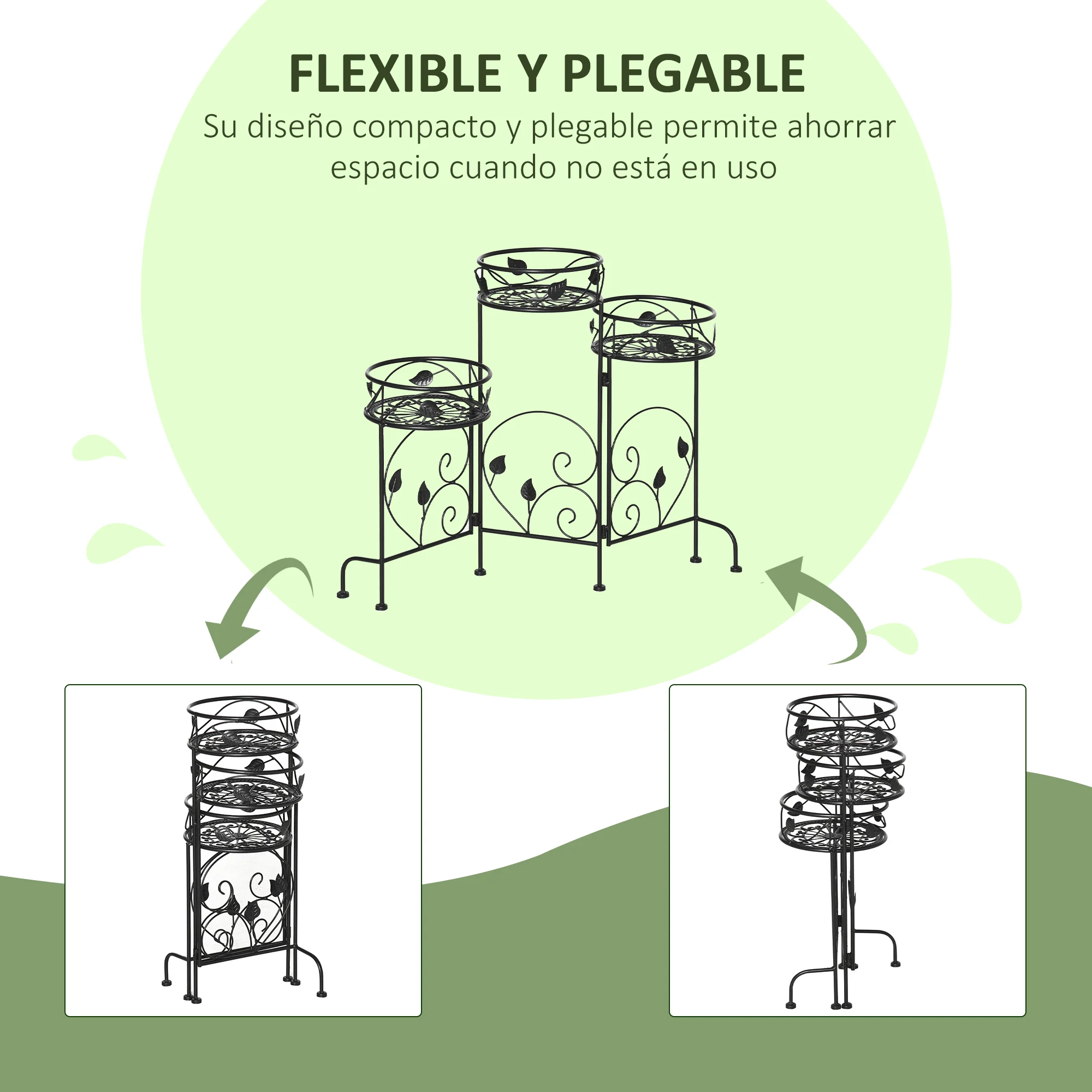 Suporte de metal para plantas Outsunny, suporte dobrável para vasos de flores com 3 prateleiras, decoração para ambientes internos e externos, ideal para jardim, terraço e varanda, 74 x 23 x 62 cm, preto.