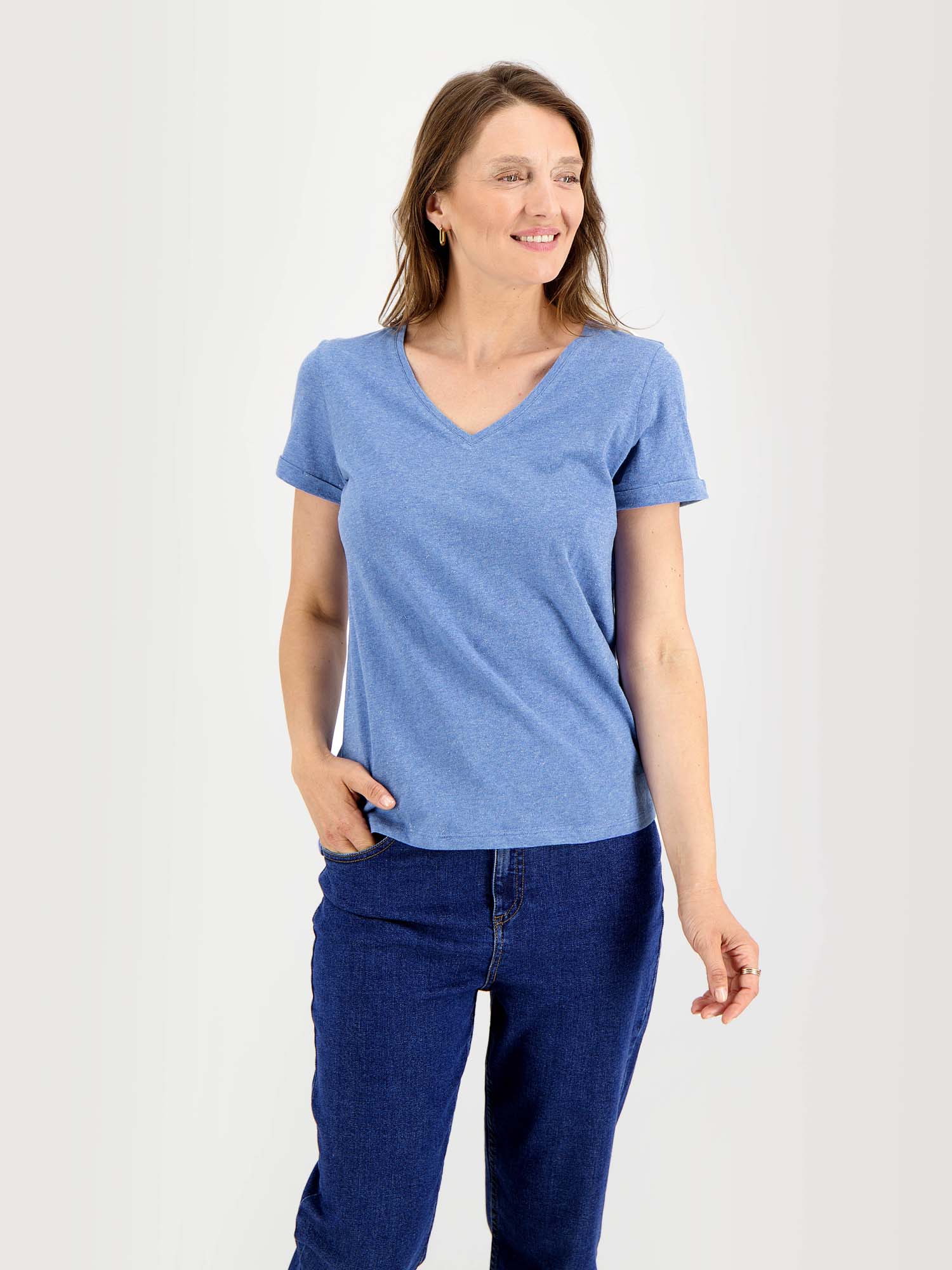 Tee-Shirt Femme Col V Jersey Coton Bleu