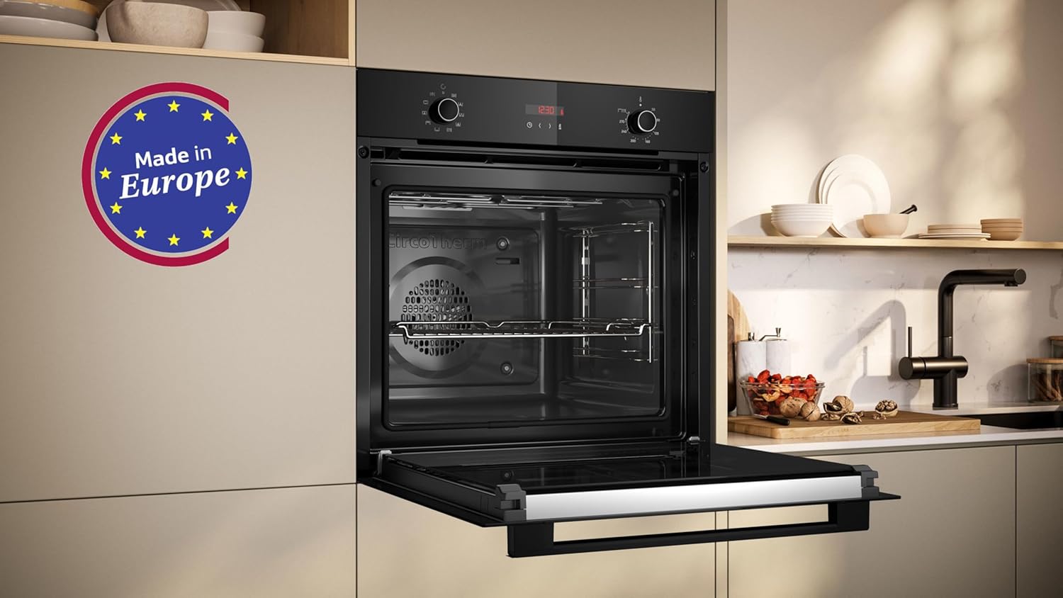 NEFF B2CCG6AK3, N30, Backofen 60 x 60 cm, LED-Display, 3D Heißluft, CircoTherm, 7 Beheizungsarten, Pyrolyse-Selbstreinigung, Manuelles EasyClean, Kindersicherung, Schwarz