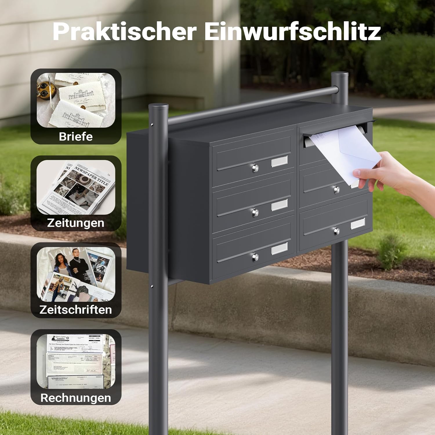 Wiltec 6er Briefkastenanlage Anthrazit 945 x 270 x 1200 mm, Standbriefkasten mit 2x3 Fächern, Schlüssel und Namensschild, Briefkasten Postkasten mit Ständer