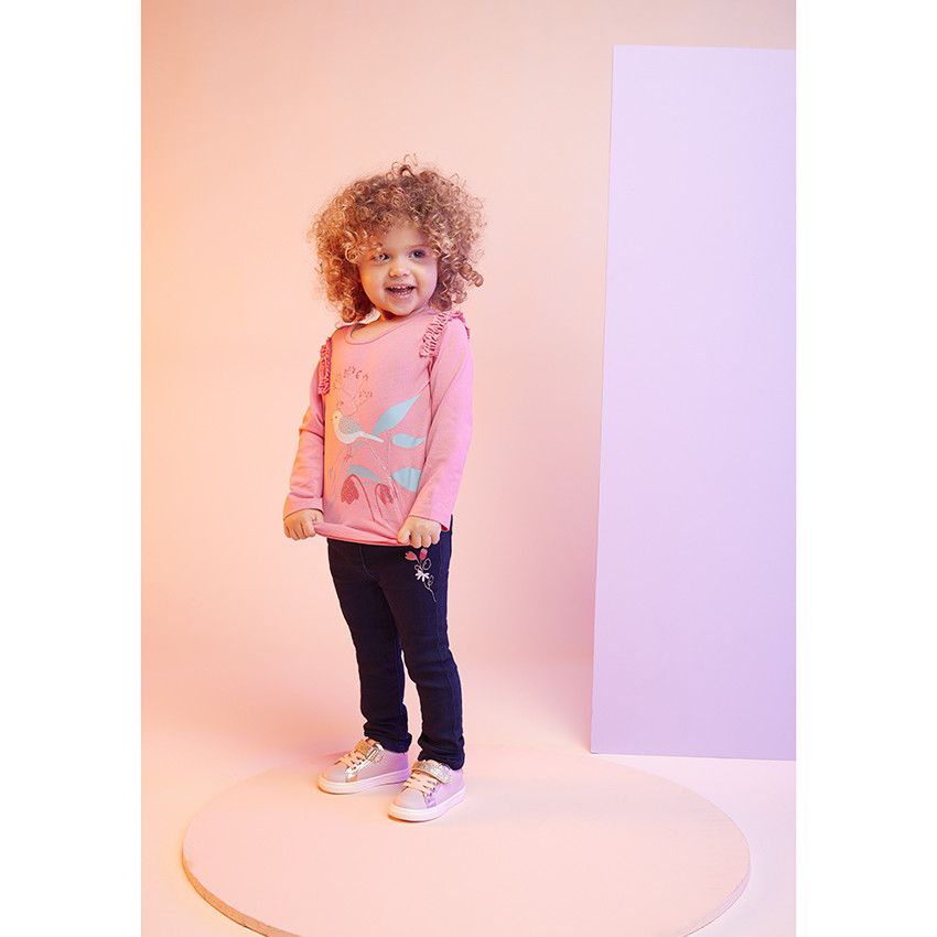 Pantalon effet jean avec broderie fleur pour bébé fille - Bleu marine