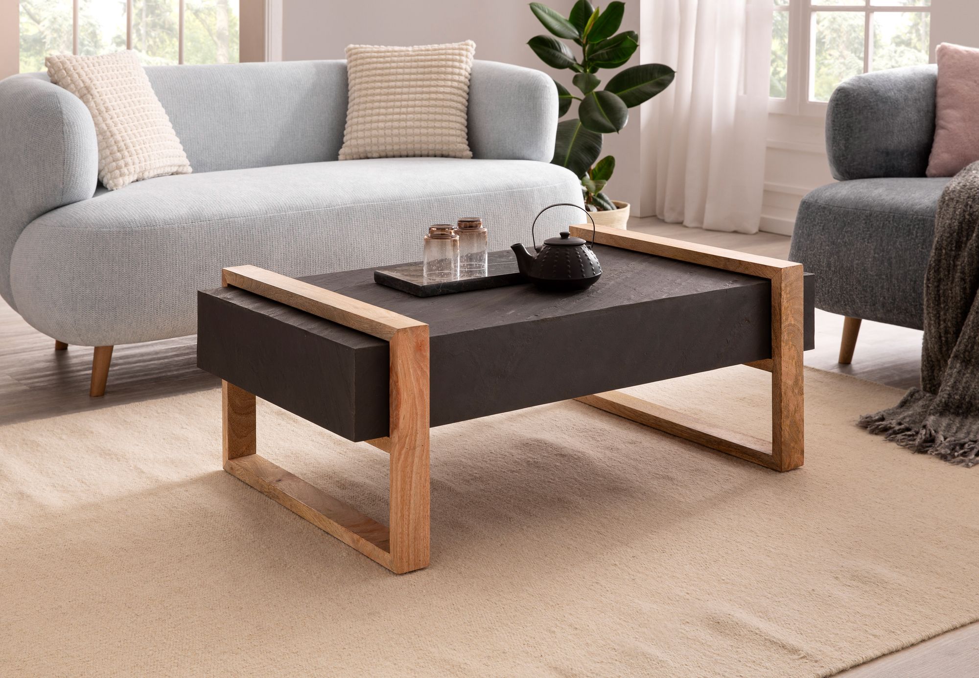 Couchtisch FineBuy Sofatisch Massivholz Steinoptik 105x66x40 cm Wohnzimmertisch