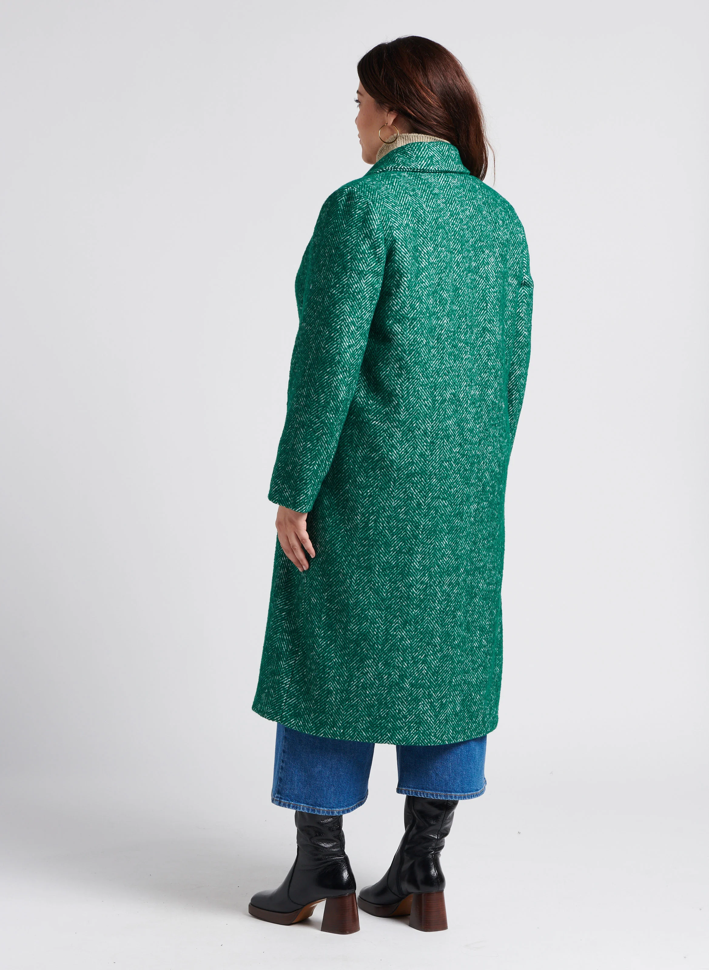 TIMO - Manteau long col tailleur à chevrons en maille mélangée | Blanc