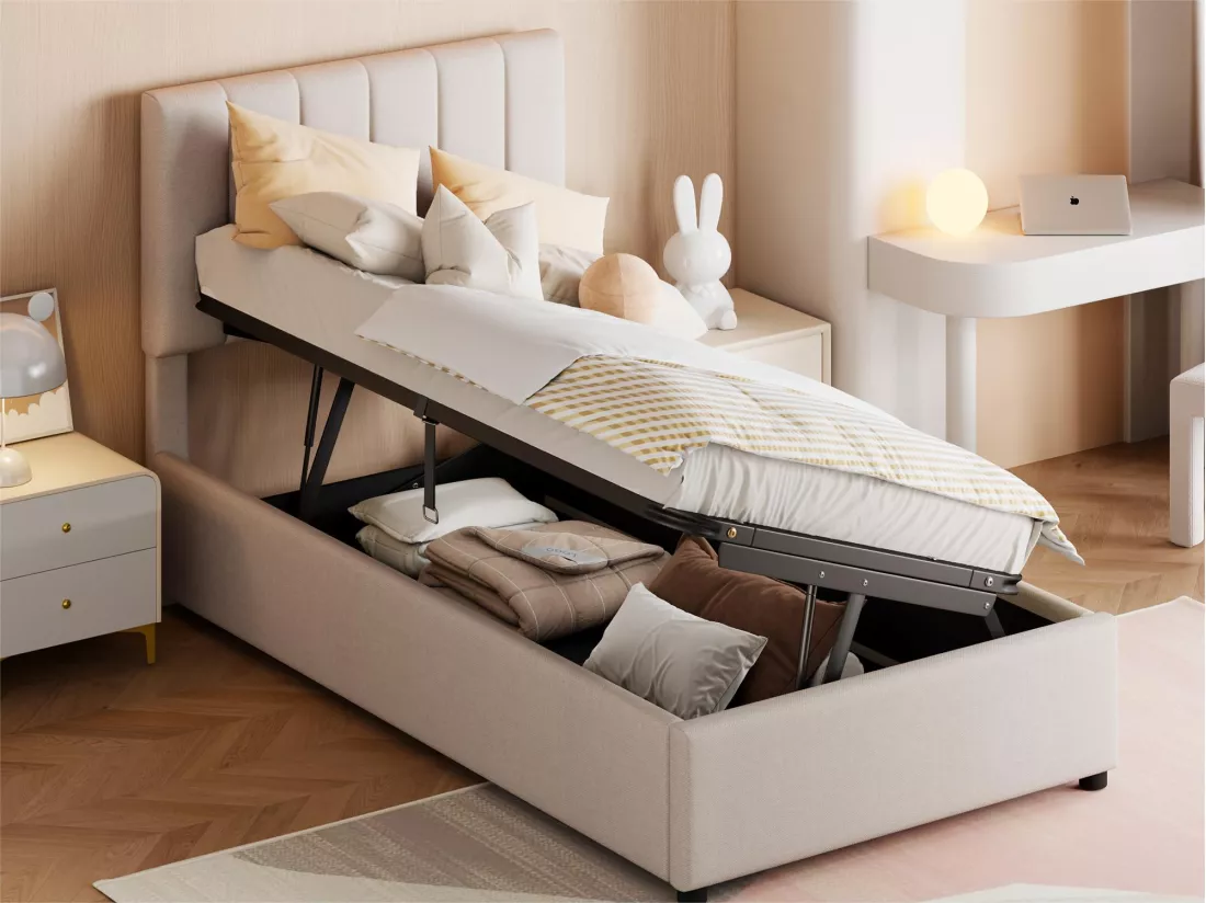 Lit coffre 90 x 200 cm, tissu en lin, coloris beige