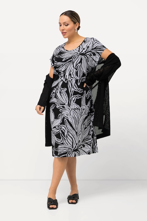 Jersey-Minikleid, Blüten, Oversized, Rundhals, Halbarm
