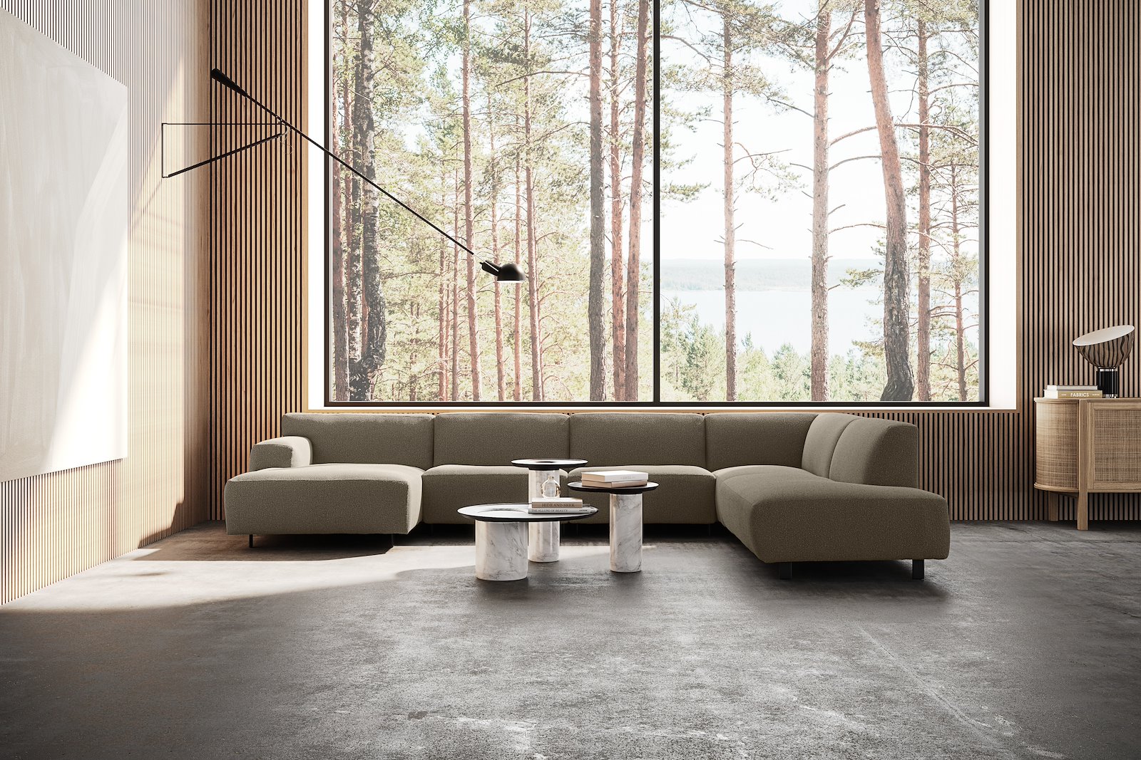 Vesta U-sofa Sjeselong venstre, 3-seter og åpen ende høyre. Big hjørnemodul, Tekstil Gianni Mole, sort metallben 10 cm, Comfort CM