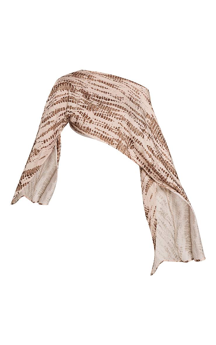 Marron Haut Coordonné À Manches Longues En Tissu Fluide Imprimé À Encolure Bardot