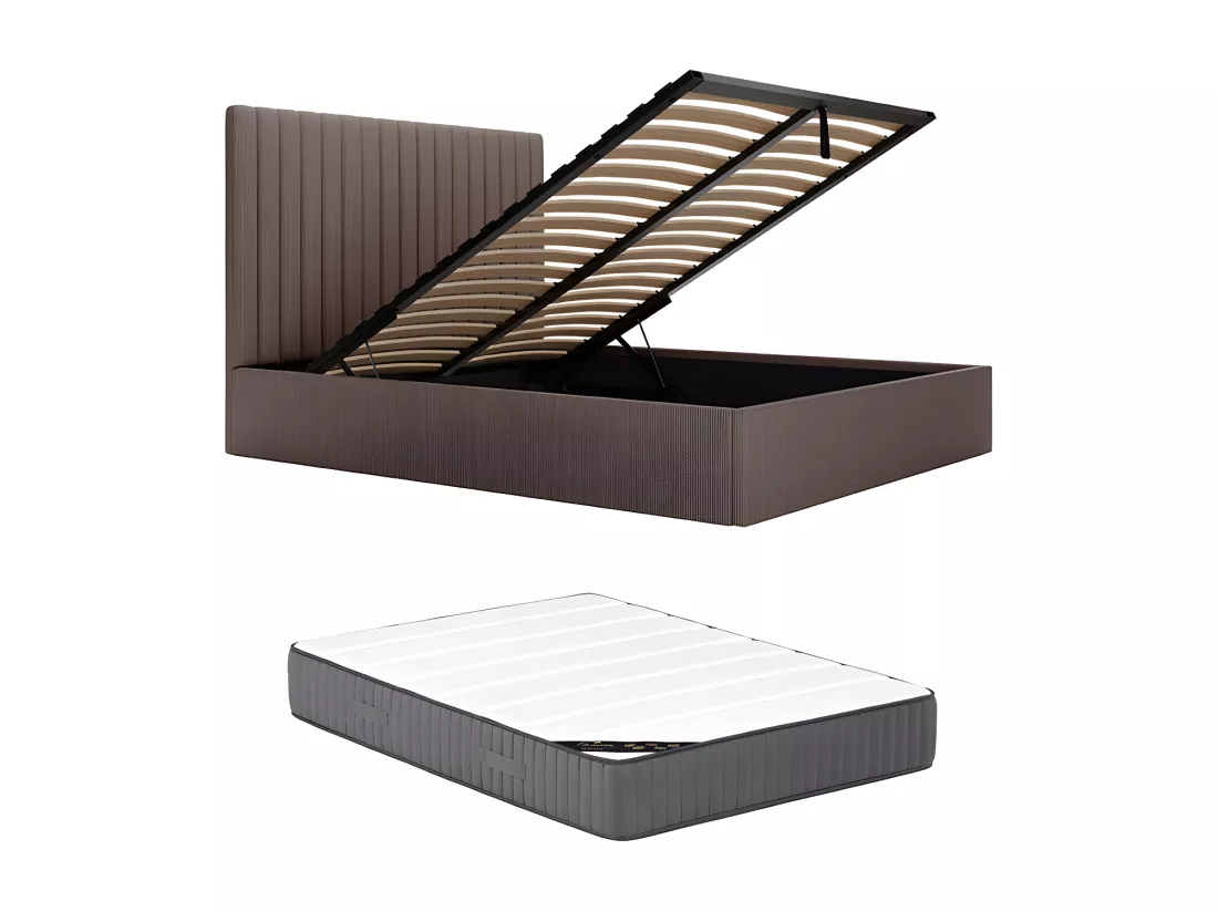 Lit coffre 160 x 200 cm avec tête de lit coutures verticales - Velours côtelé - Taupe + Matelas - SARAH