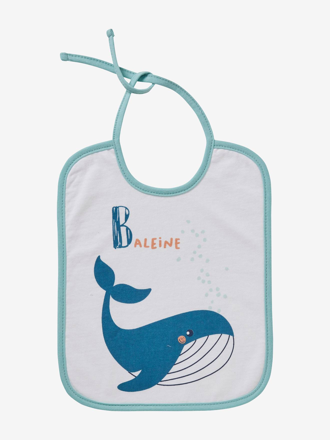 Conjunto de 7 babadores VERTBAUDET para bebês com animais marinhos, lisos, brancos com estampas.